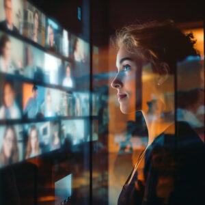 Femme regardant des écrans de visioconférence