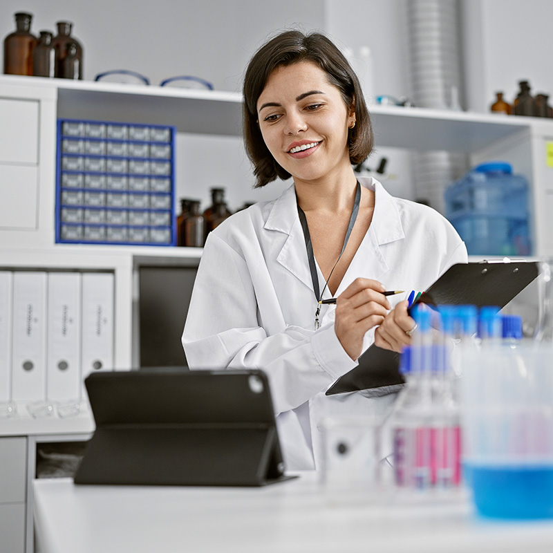 Verpleegster met tablet en klembord