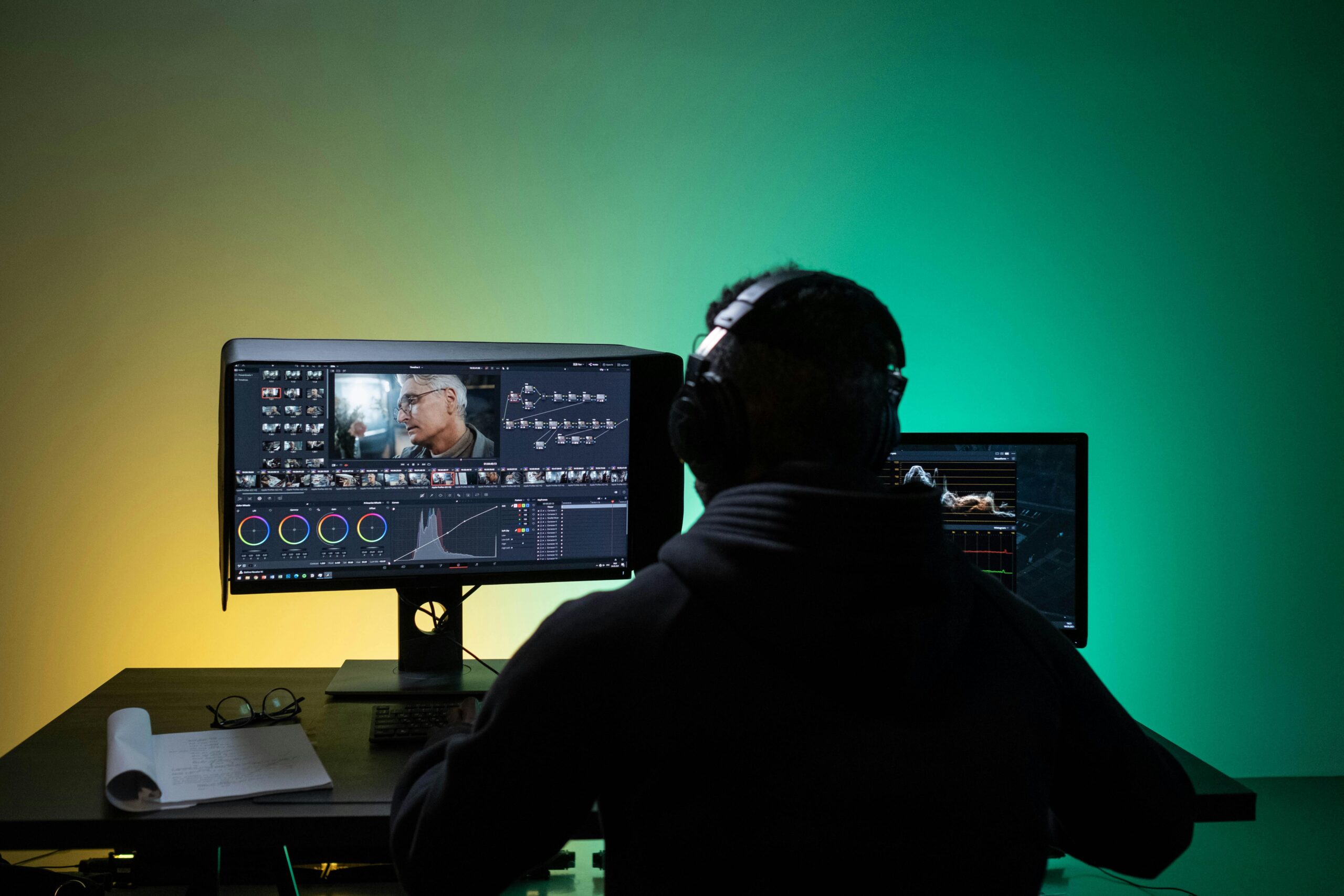 een man gebruikt videobewerkingsprogramma