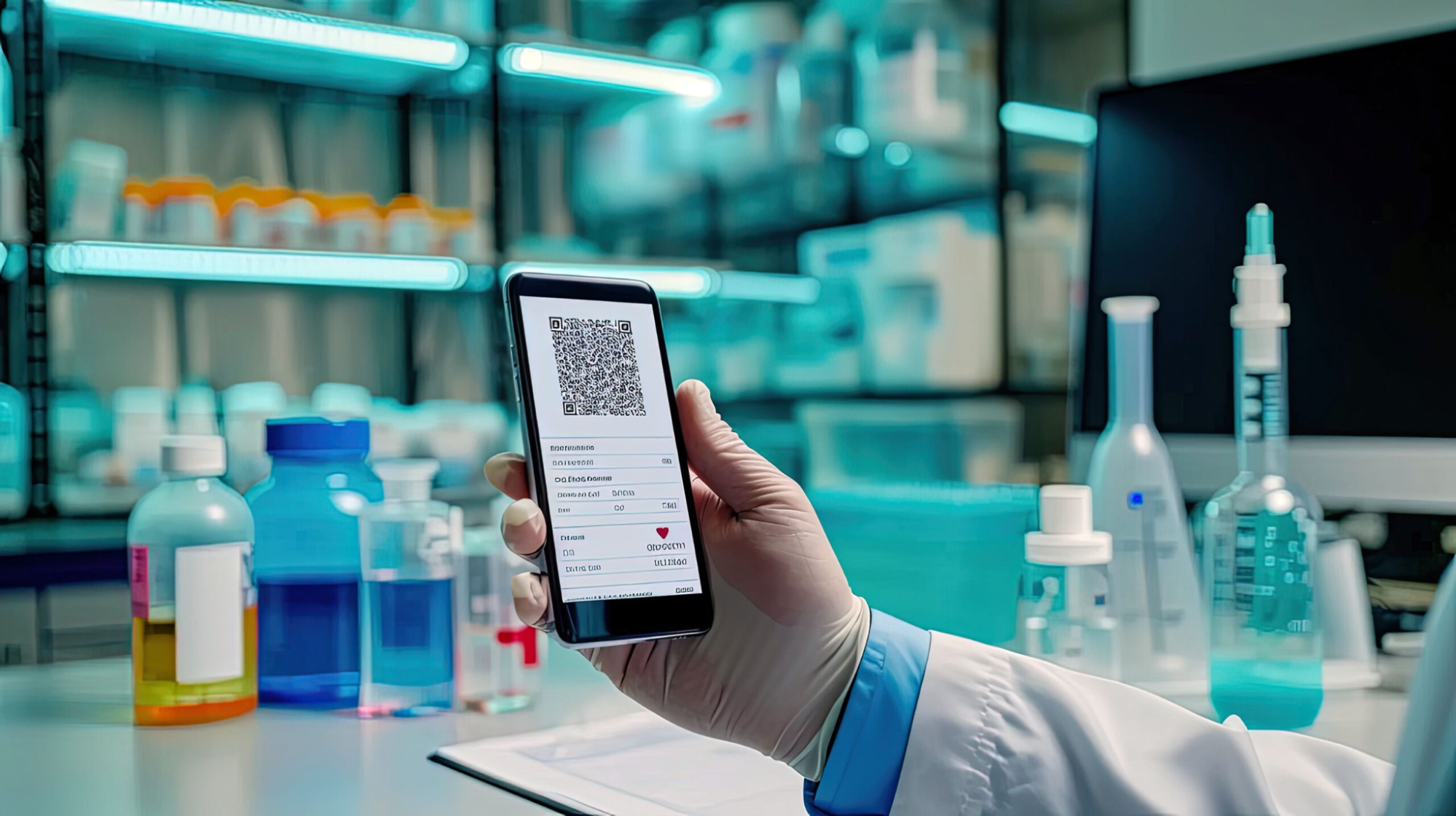 MVMP - 5 assistant de laboratoire tenant un téléphone avec un code QR
