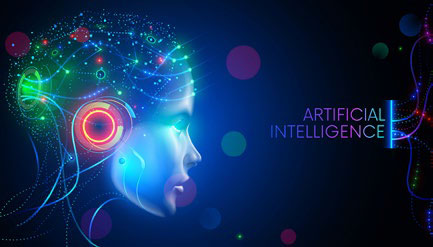 Kunstmatige intelligentie in humanoïde hoofd met neuraal netwerk. AI met digitaal brein leert grote gegevens verwerken, informatie analyseren.