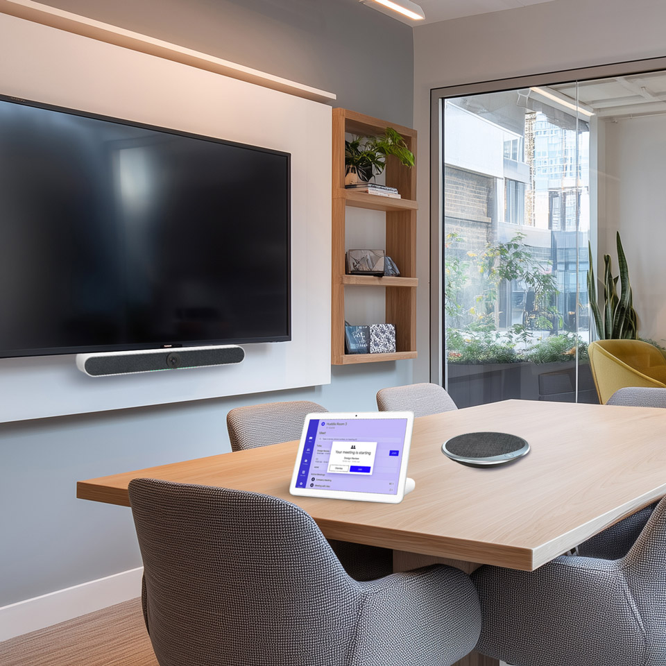 Office meeting with woman on monitor via video conference
