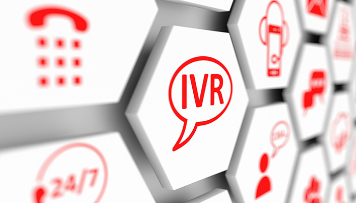 Ivr, concetto, cella, sfocato, sfondo, 3d, illustrazione Mano di uomo che tiene la cornetta del telefono